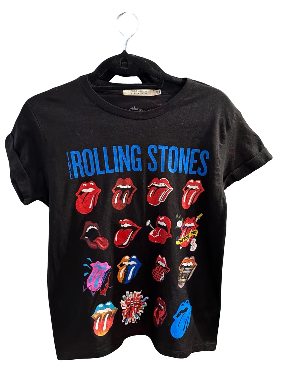 Alice + Olivia Black Rolling Stones Graphic Shira Tee w Multicolor Tongues XS/S - Picture 7 of 7